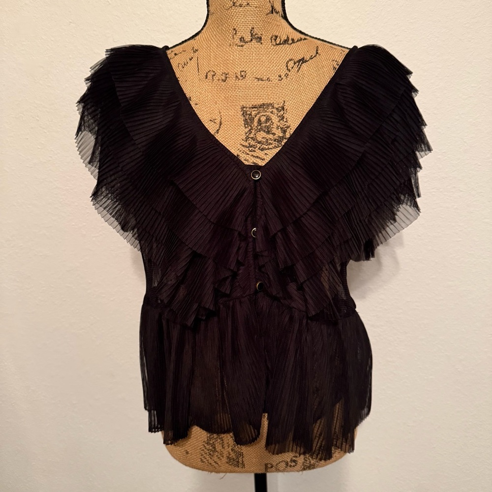 Anthropology Forever That Girl ruffle front black sheer top XL